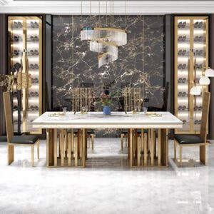 write a product description follow this "Cassa AUDI RING GOLD SERIES Marble Top With Gold Leg Dining set