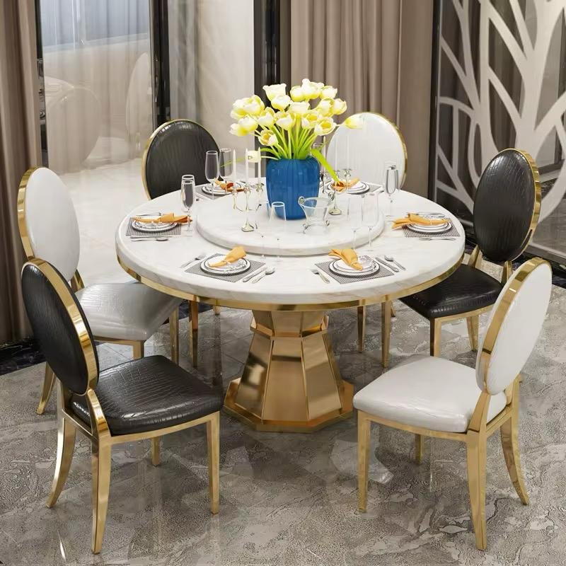 Grazia Round Metal Base Dining Table Set With Marble Top