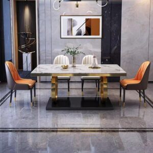 Ginza Rectangle White Marble Dining Table with Gold Metal Pedestal Base, Gold Finish