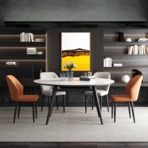 Smart Extendable Round Dining Table Set with Porcelain Ceramic Top along with 6 Chair Set